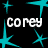Black background with cyan starbursts and repeated white text 'corey' in pixelated font across three positions.