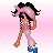 Pixel art of a character with dark curly hair wearing a pink headband, light purple top, blue bell-bottom pants, and blue shoes against a pink gradient background.