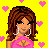Pixel art buddy icon with yellow background, pink hearts, and text reading "just im no cuz hottneed to tea- be lous" featuring a cartoon woman in pink top and black shorts.
