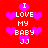 Red background with pink hearts and white text reading "I LOVE MY BABY JJ" in pixelated font.