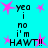 Cyan background with pink starbursts and black text reading 'yea i no i'm HAWT!!' in a pattern