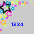 Pixelated star-shaped icon with colorful flower-like patterns and blue text on a gray background.
