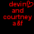 Red pixelated text on black background reads 'devin' with a heart symbol replacing the 'i', followed by 'and courtney af'
