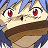 Pixelated anime-style character face with red eyes and blue hair on left, black background with white text "Anime IM" and signature on right.