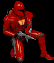 Red armored figure with yellow chest emblem holding gray weapon, seated pose on black background showing animation change in leg and hand.