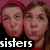 Two side-by-side pixelated faces with a pink headband on the left face, set against a dark background with white text reading 'sisters' at the bottom.