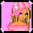 Pixel art contact sheet showing a pink-themed animated character with multiple frames including full-body, partial views, and text overlays on solid pink backgrounds.
