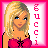 Pixelated 48x48 static buddy icon featuring a blonde woman in a pink top with a black cross design, framed by layered pink borders and vertical text on the right.