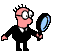 Pixelated cartoon character in black suit and white shirt holding a magnifying glass, shown across six sequential poses on gray background.