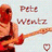 Pixelated image of a person playing a red electric guitar with text 'Pete Wentz' above, set against a light background with a small heart symbol.