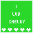 A 4x3 contact sheet of a green animated buddy icon showing sequential heart color changes across 12 frames, with "I LUV SHELBY" text and pixelated hearts at the bottom.