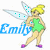 Pixelated fairy character with yellow hair and green dress, two versions of the name "Emily" in blue and green text below.