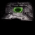 A pixelated grayscale figure with a single green oval eye against dark background, rendered in low-resolution style.