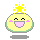Pixelated yellow circular face with pink cheeks, open mouth showing purple tongue, black eyes, and a crown of small yellow stars above it.