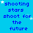 Blue background with repeated text 'shooting stars shoot for the future' in dark blue pixelated font, scattered white star icons.