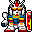 Pixelated mecha character in red, white, blue, and yellow armor with a helmet featuring two antennae-like protrusions.