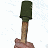 A hand holds a dark green shovel with a brown wooden handle against a white background with faint blue pixelated patterns.