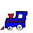 Blue train with red accents and white wheels emits varying amounts of white smoke