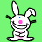 Pixelated white rabbit mascot with blue eyes, pink nose, and black outline against solid green background, arms raised in a waving gesture.