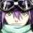 Pixelated anime-style character with purple hair and goggles on a black background, accompanied by stylized text elements.