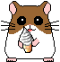 Pixelated hamster with brown head and white body holds a swirl ice cream cone, pink ears and feet visible against gray background.