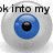 Pixelated eye icon with blue iris and black pupil, overlaid with partial black text reading 'ak into my' on a white background.