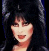 six pixelated images showing a person with long black hair, red eyes, and dark makeup against blue backgrounds