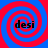 Four identical spiral patterns with red and blue concentric circles, each containing the text 'desi' in black pixelated font.