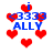Pixelated red hearts surround blue text reading 'i <3333 ALLY' on a white background with visible animation changes across frames.