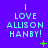 A static image with a purple background displays repeated text "I LOVE ALLISON HANBY!" in light blue pixelated font, accompanied by green plus and star symbols.