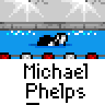 Pixel art animation of a black and white orca swimming in blue water with red-and-white platform elements, paired with the text "Michael Phelps" on gray backgrounds across multiple frames.