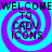Four identical display 'WELCOME TO CADV ICONS' text over a blue and purple spiral background with pixelated black lettering