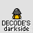 Pixelated character with gray helmet and yellow torso in multiple poses, each paired with text bubbles reading 'DECODE'S darkside' on light gray background.