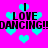 Bright pink background with cyan heart shapes and black text reading "I LOVE DANCING!" repeated in a pattern