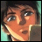 Pixelated anime-style character face with brown hair and blue eyes, next to stylized text on black background.