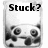 Pixelated black-and-white image showing a glass with liquid and floating objects, topped with the text 'Stuck?' in bold block letters.