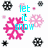 Pixelated winter-themed icon with pink snowflakes, cyan text 'let it snow', and black-and-white snowflake accents on white background.
