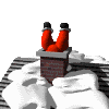 Red-clad figure with black boots and silver cuffs protrudes from a brick chimney on a snow-covered roof, viewed from above.