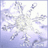 Pixelated snowflake with six arms on light blue background, rendered in grayscale tones with white center and purple-tinged edges.