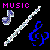 Pixel art image with black background featuring pink 'MUSIC' text, blue musical note, silver wand-like object, and blue treble clef symbol.