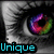 Four identical close-up images of a cat's eye with rainbow-colored irises arranged in a , each with a different colored 'Unique' text overlay