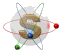 Animated atomic model with brown 'S' symbol, orbiting colored spheres on red and blue rings, shifting positions across frames.