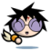 Pixelated character with spiky black hair, purple glasses, and orange wristbands; mouth open in surprise on left frame, closed on right frame.