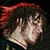Pixelated close-up of a person with dark hair and red highlights, wearing light-colored clothing against a dark background.