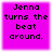 Four identical square with bright pink backgrounds display black pixelated text reading "Jenna turns the beat around." in a