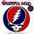 A circular Grateful Dead-style skull with red and blue swirls, next to pixelated text reading 'Have A Groovy Day!' on a white background.