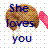 A pixelated image of a brown-haired character with pink wings and blue text reading "She loves you" on the left, transitioning to "almost as much as her <3 for cookies" on the right.