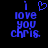 Blue pixelated text on black background reads "I love you Chris" with a heart symbol replacing the word "love" in the first frame.