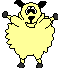 Four pixelated yellow sheep with black ears, eyes, nose, and feet stand in a against gray background; each sheep has fluffy wool and raised arms