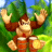 Pixelated 48x48 static icon of a brown cartoon gorilla with raised arms, wearing red shorts and white gloves, set against green foliage background under blue sky.